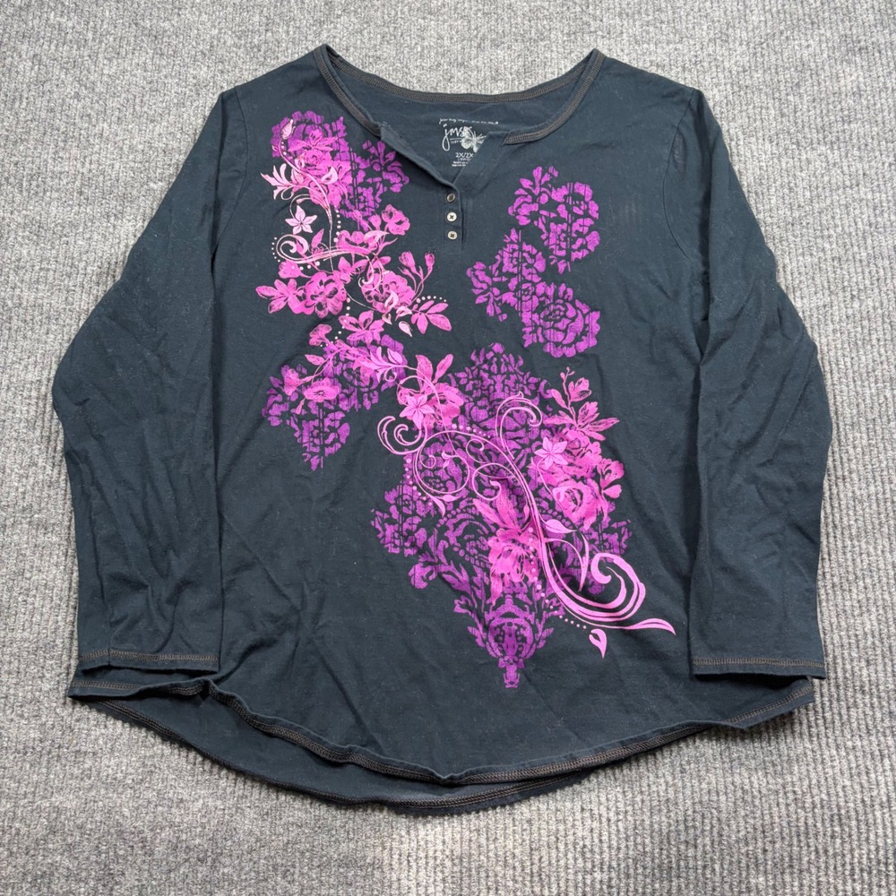 Just My Size JMS Womens 2X Henley Long Sleeve Floral Graphic Tee Black Pink